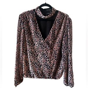 White House Black Market Floral Velvet Sheer Long Sleeve Blouse Size M